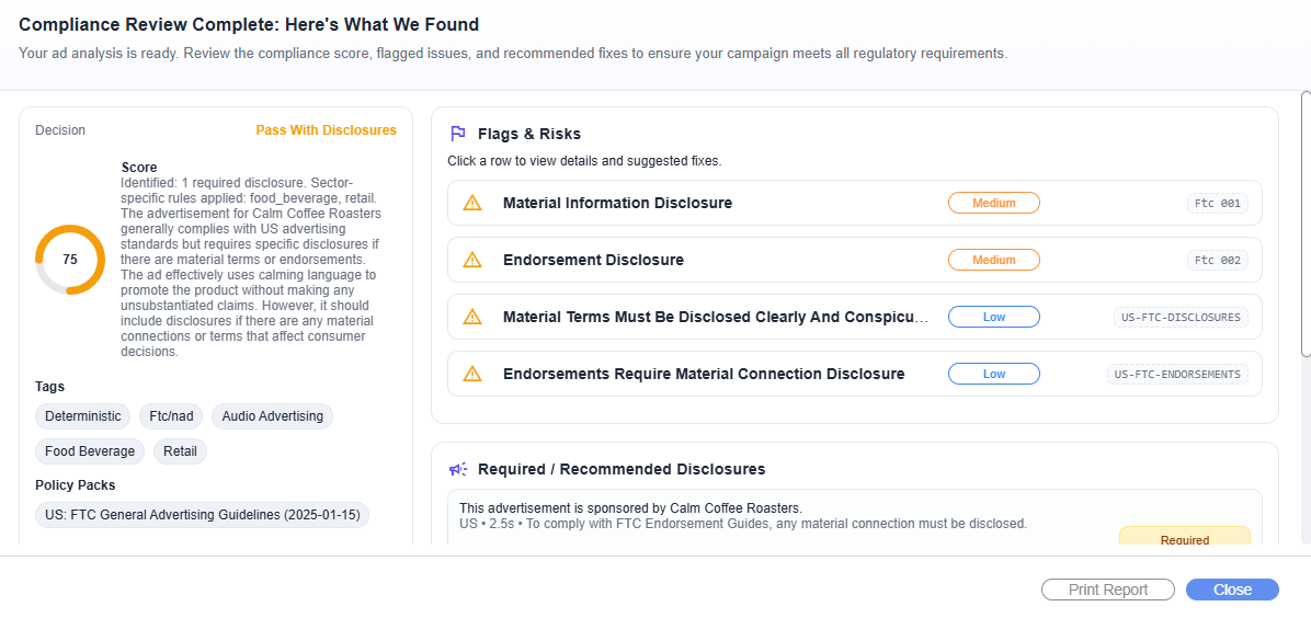 Voxify Compliance Review — score, flagged issues (Material Information Disclosure, Endorsement Disclosure), and required/recommended disclosures with FTC policy pack