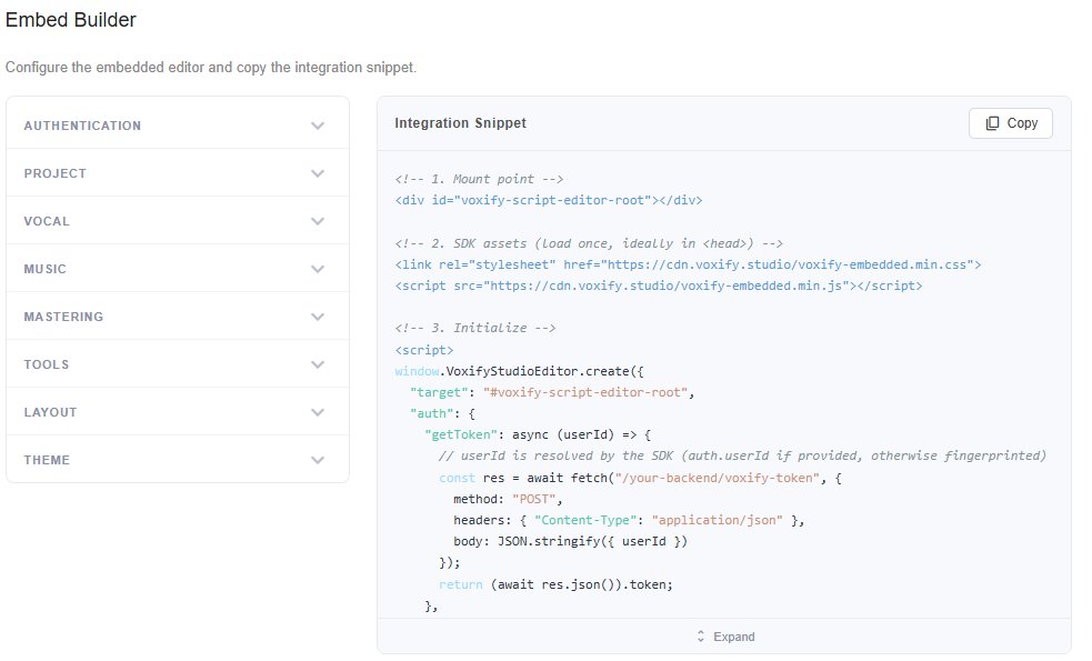 Voxify Embed Builder — configure the embedded editor (Authentication, Project, Vocal, Music, Mastering, Tools, Layout, Theme) and copy the integration snippet