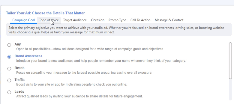 Rephrase Customize — refining a script across campaign goal, tone, audience, occasion, promo type and call-to-action