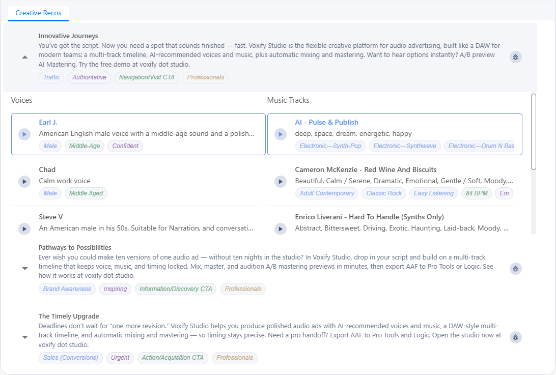The Creative Recos panel: three generated concepts, the first expanded to show up to five matching voices and up to five matching music tracks, each with descriptive tags.