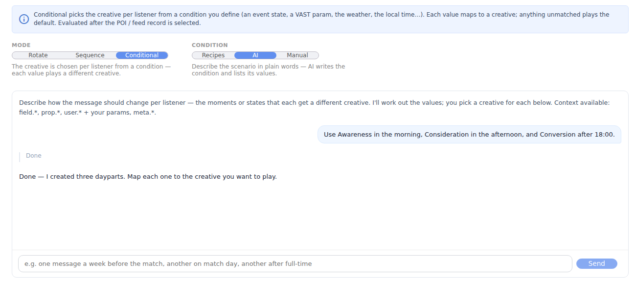Conditional Which creative AI conversation translating dayparts into creative selection values