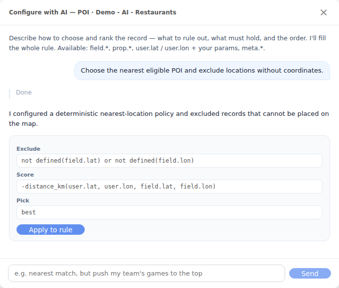 Configure with AI conversation proposing Exclude, Score and Pick rules for nearest POI selection