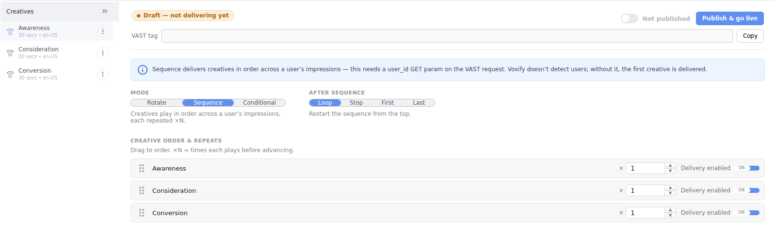 Which creative Sequence mode with Awareness, Consideration and Conversion messages