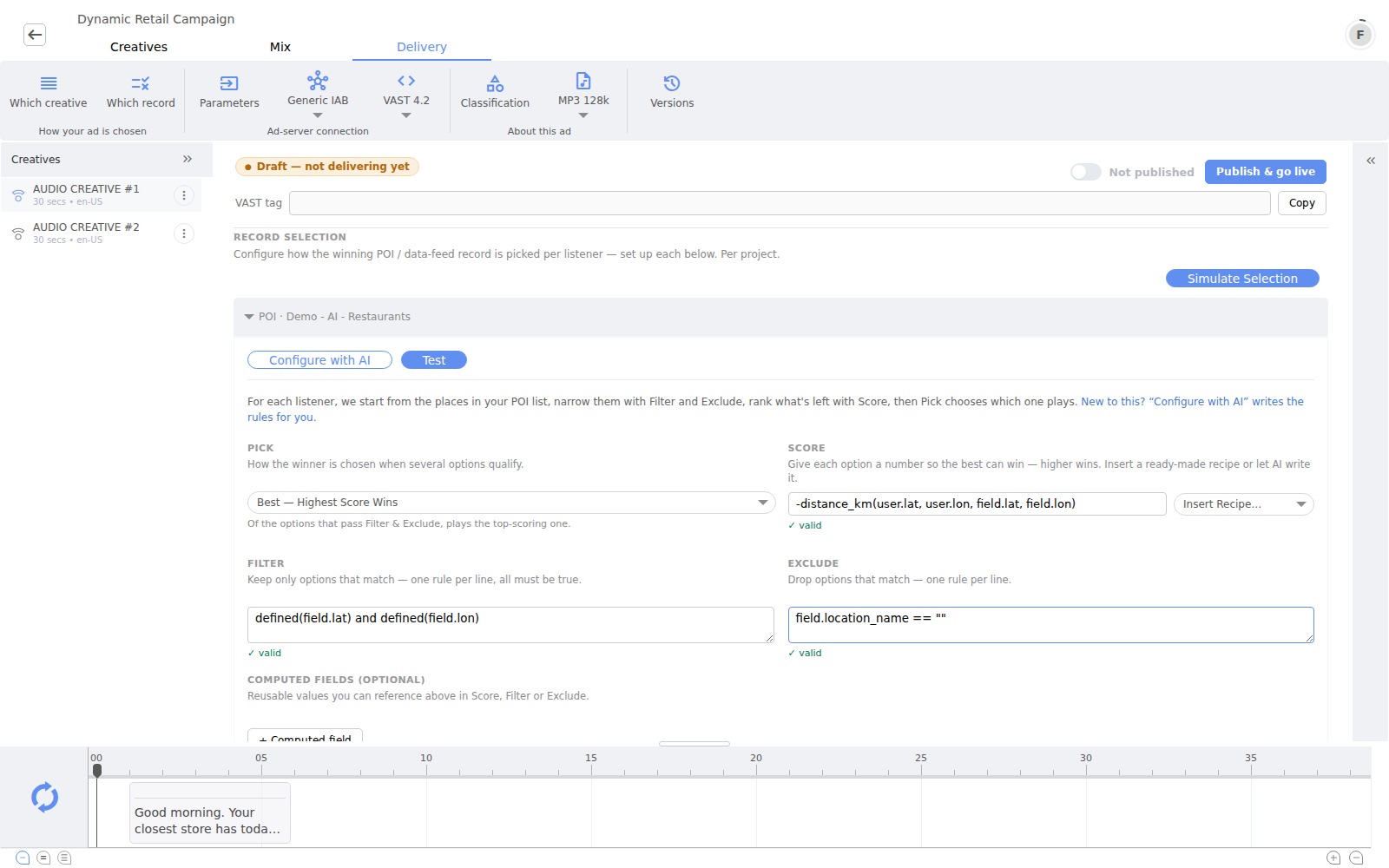 Which record configuration with pick strategy, score recipe, filters and AI assistance