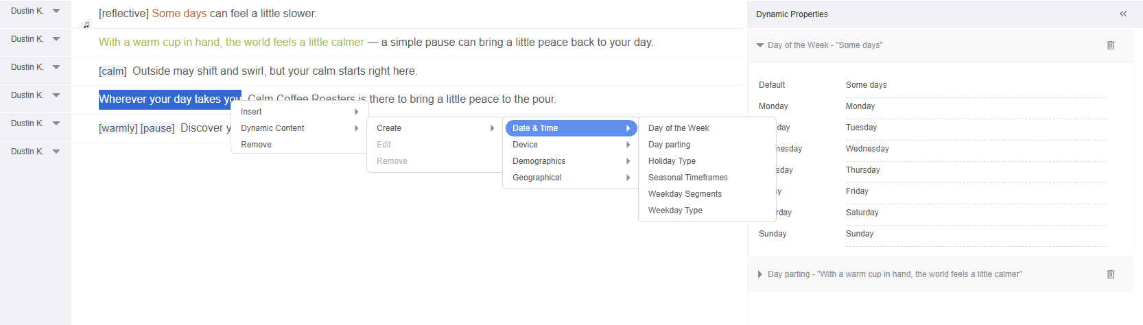 Dynamic Content — turning a line variable by Day of the Week, with a text version for each day