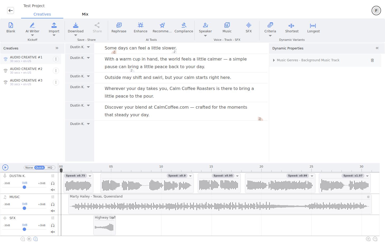 Dynamic Properties and synchronized audio creative configuration