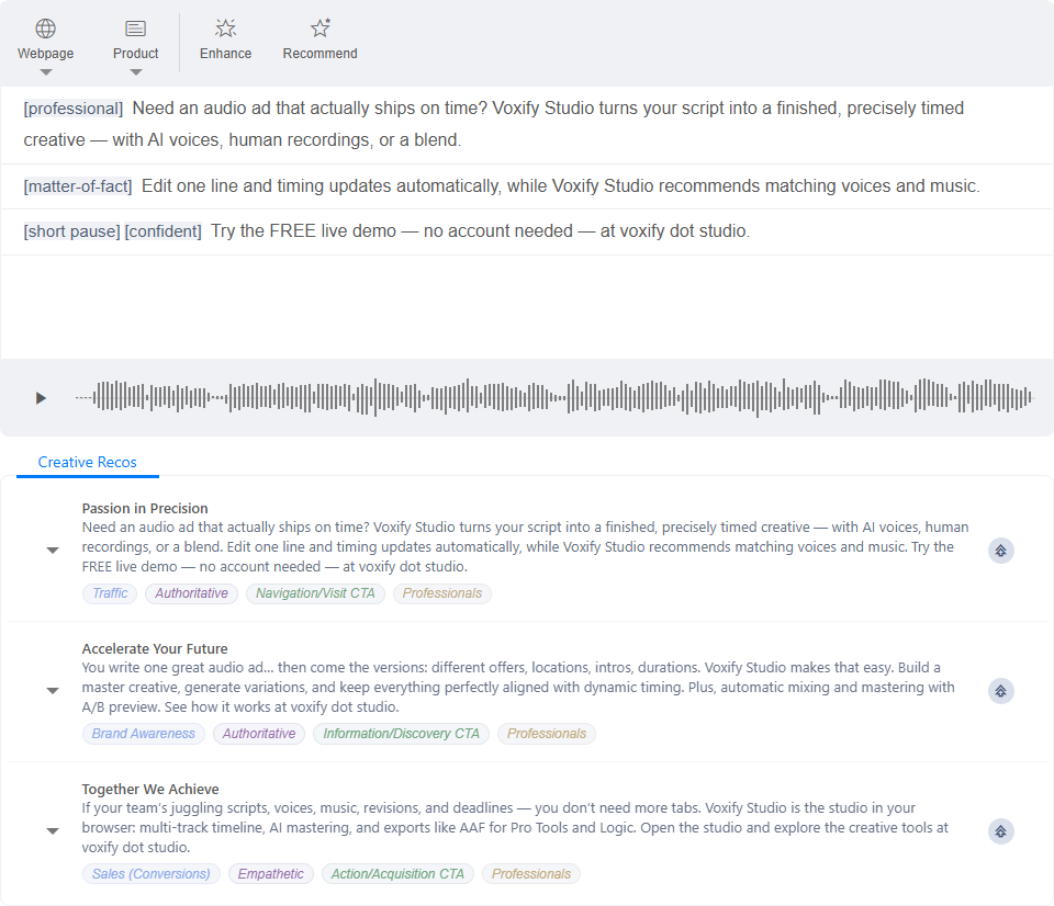The Voxify embedded editor mounted on a host page: the kickoff toolbar (Webpage, Product, Enhance, Recommend), a tagged script, the waveform player, and the Creative Recos panel.