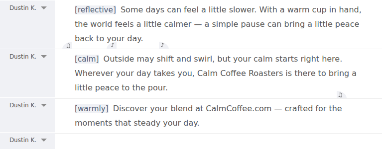 Enhance — an ad script with expressive audio-tag cues added at the start of each line