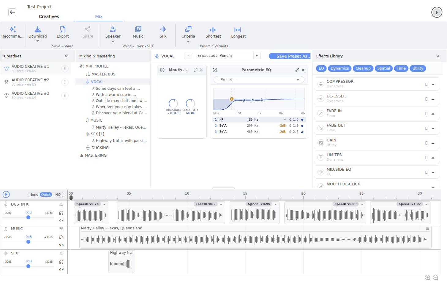 Vocal processing chain with mouth de-click and parametric EQ controls