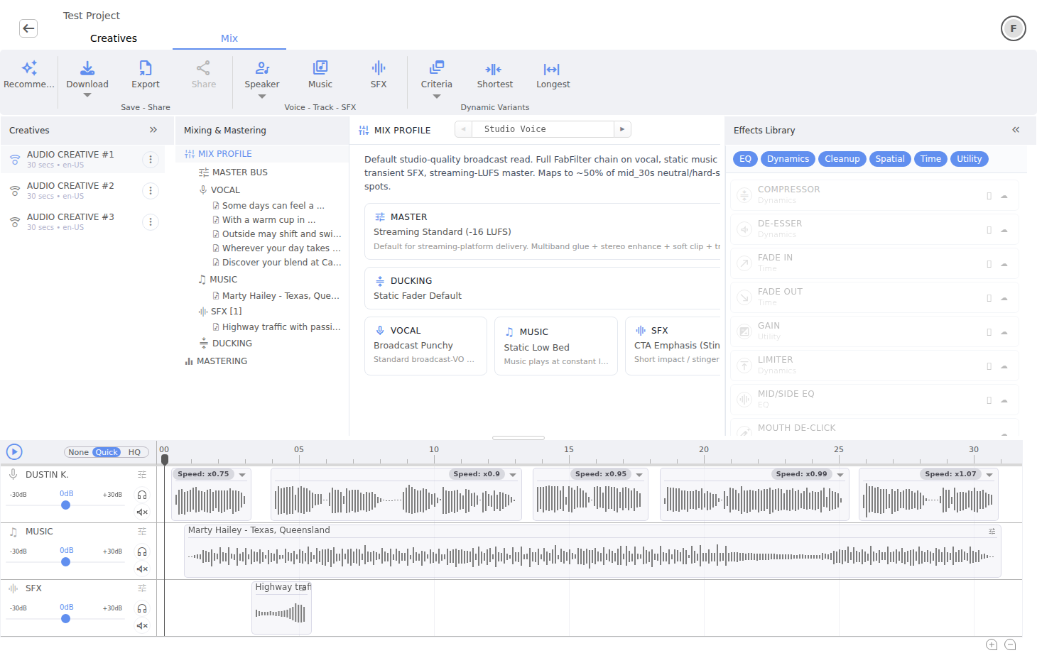 The Voxify Studio Mix tab with vocal, music, SFX, ducking, and master controls.