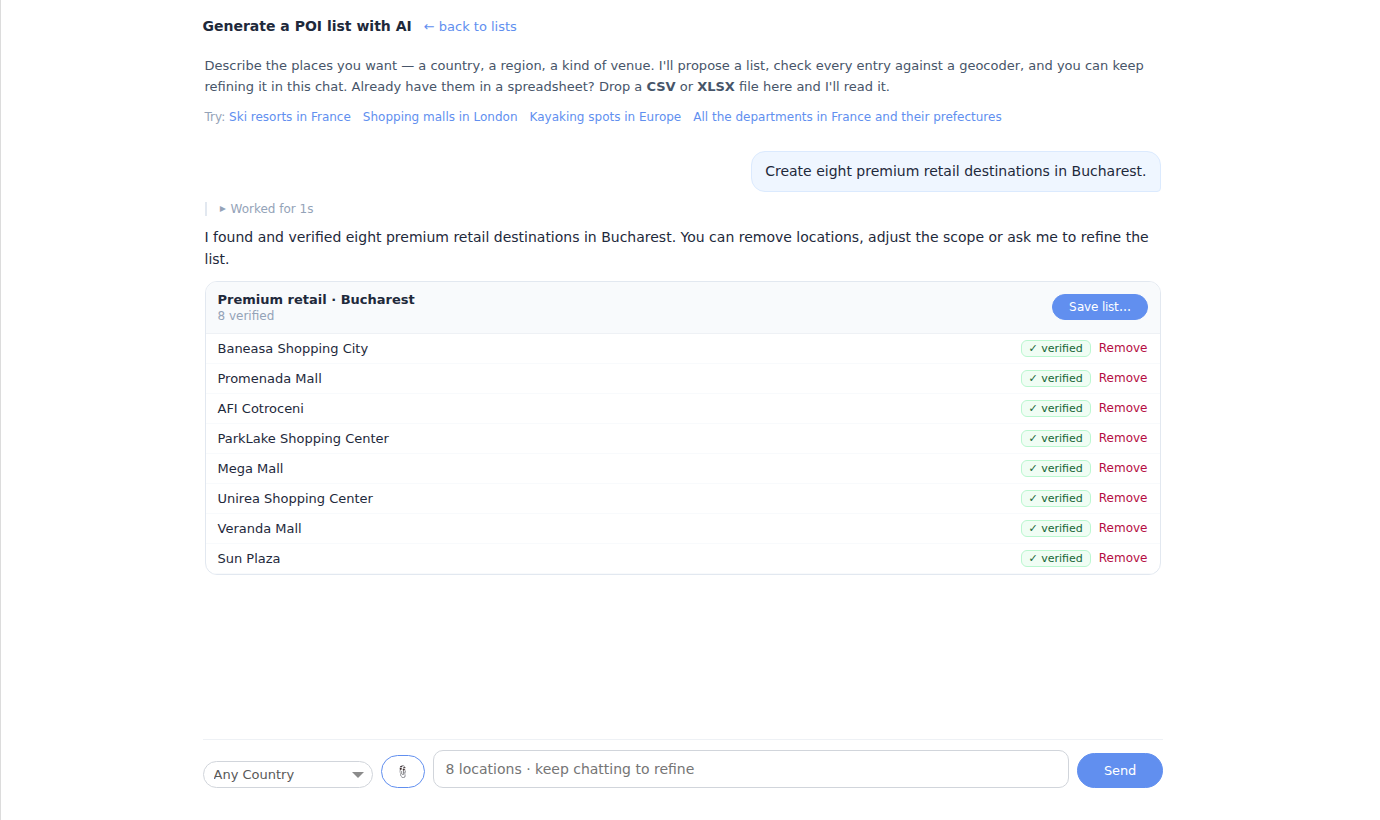 POI AI agent conversation proposing and verifying eight retail destinations