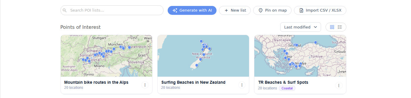 POI workspace with Generate with AI, New list, Pin on map and Import CSV or XLSX options