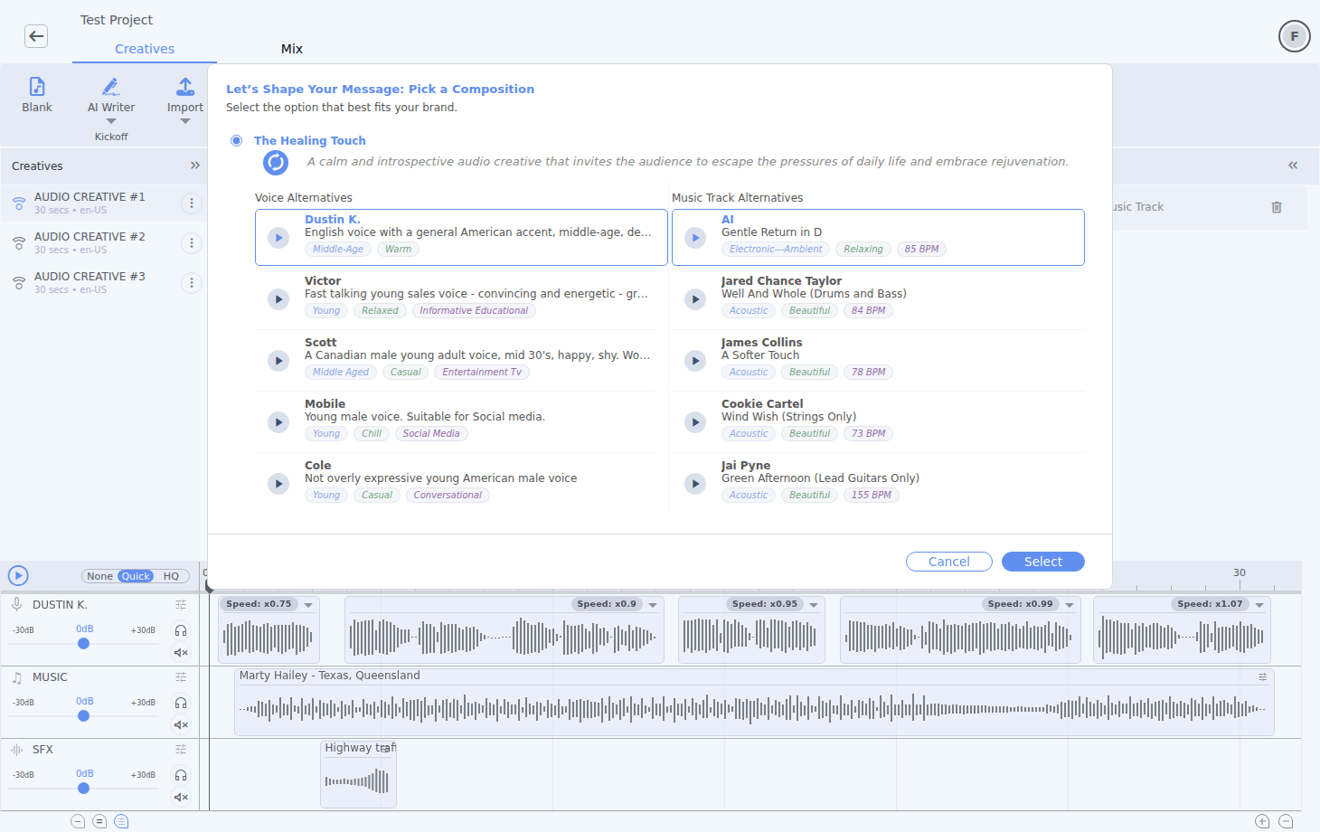 Recommended creative compositions with voices and music in Voxify Studio