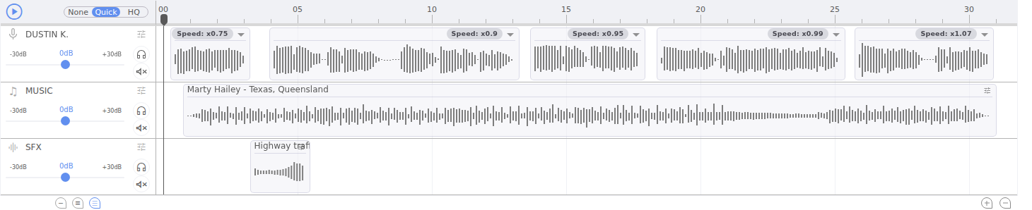 Voxify Studio — multi-lane timeline: vocal clips, music and sound-effect lanes stay aligned