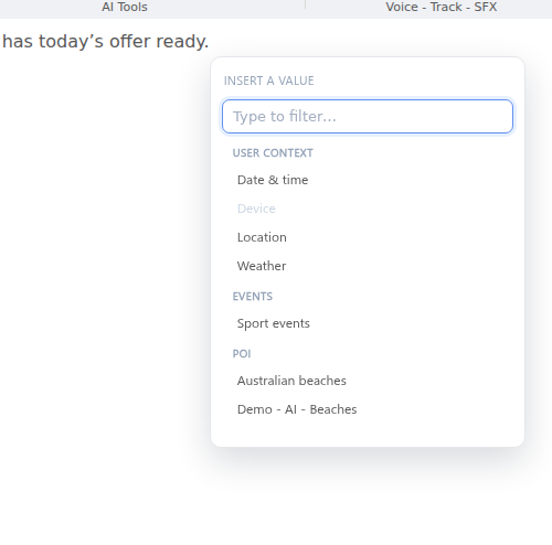 The script editor value picker showing user context, event and POI sources