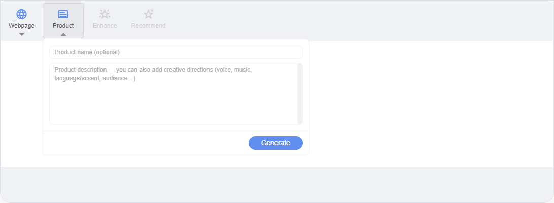 The Product Brief tool popover: an optional 'Product name' field and a 'Product description' field whose placeholder invites creative directions for voice, music, language/accent, and audience, with a Generate button.