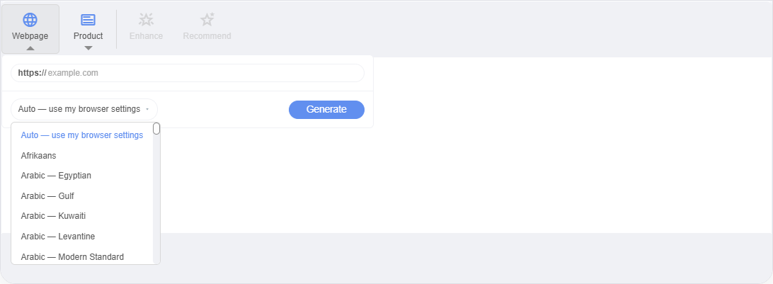 The Webpage tool popover: an https URL field, an output-language selector (Auto — use my browser settings, with languages and Arabic dialects), and a Generate button.